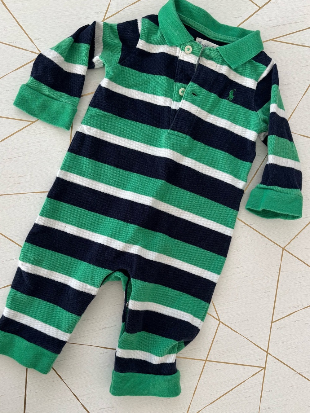Ralph Lauren Green, Navy & White Striped Polo Footie